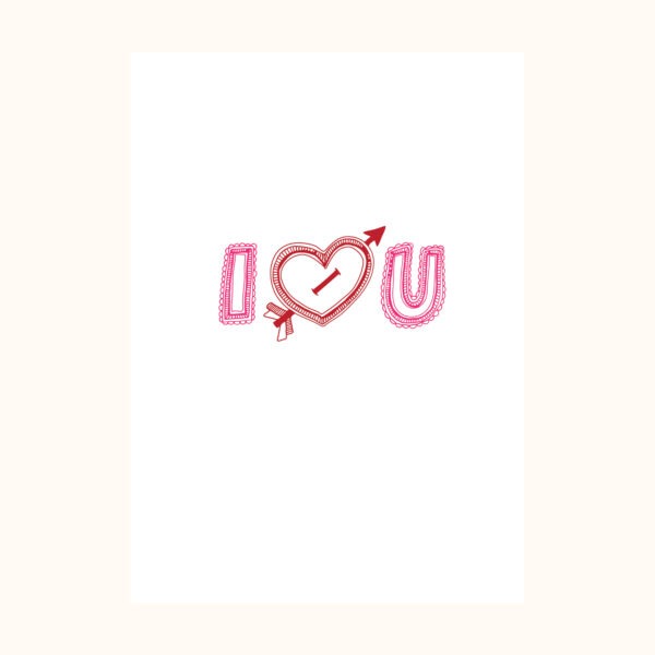 Beskrivende galleribilde av et hvitt Valentine-kort med teksten 'I ♥ U'. Kortet har en enkel design med et hjerte og en pil.