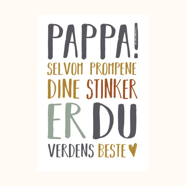 Illustrasjon av farsdagskort med teksten Pappa! Selvom prompene dine stinker er du verdens beste!