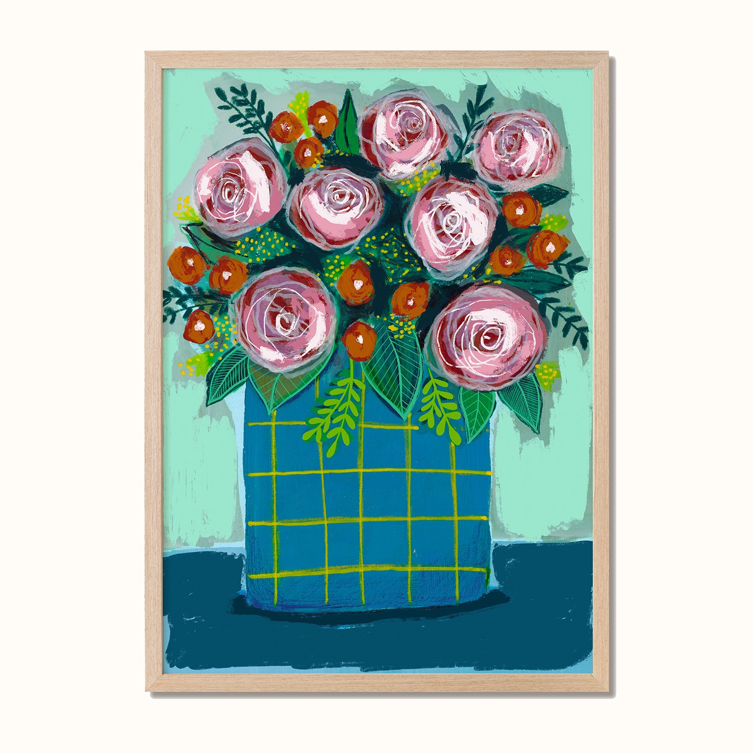 Fargerik plakat med blomster i blå vase – designet av Poppydesign.