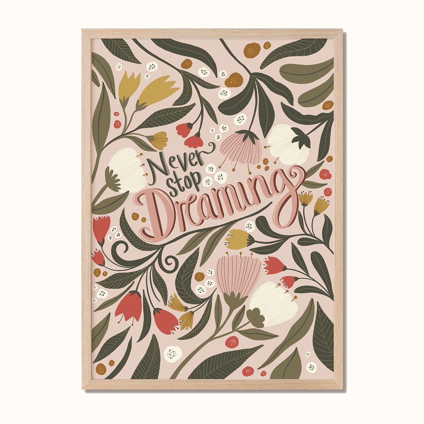 Plakat med blomster og teksten 'Never Stop Dreaming', designet av Poppydesign