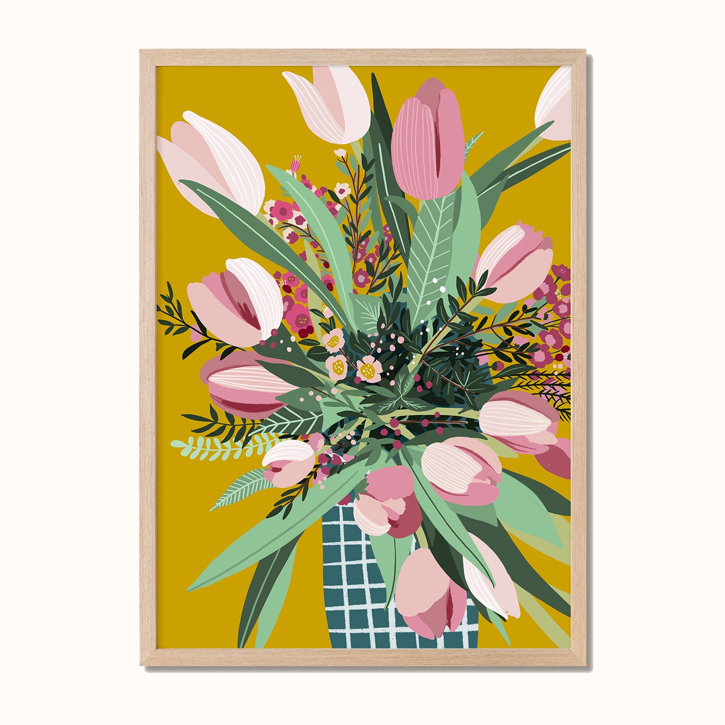 Plakat med en bukett tulipaner i en rutete blå vase, tegnet av Poppydesign