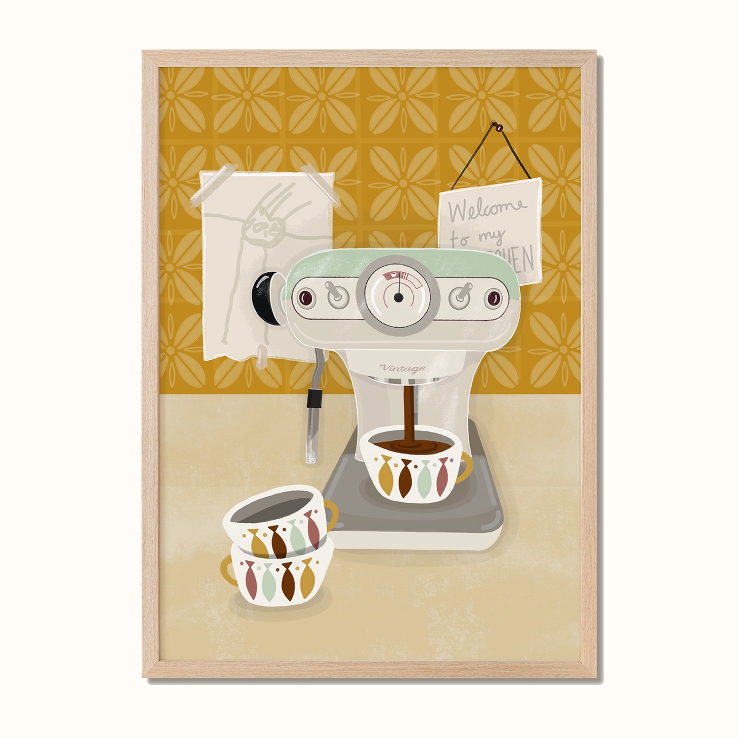 Plakat med vintage kaffemaskin, designet av Poppydesign.