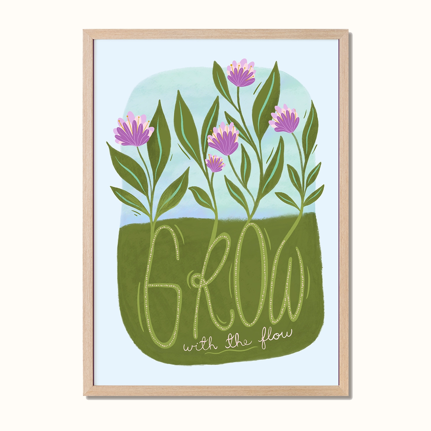 Plakat med blomster som vokser og teksten 'Grow with the flow', designet av Poppydesign