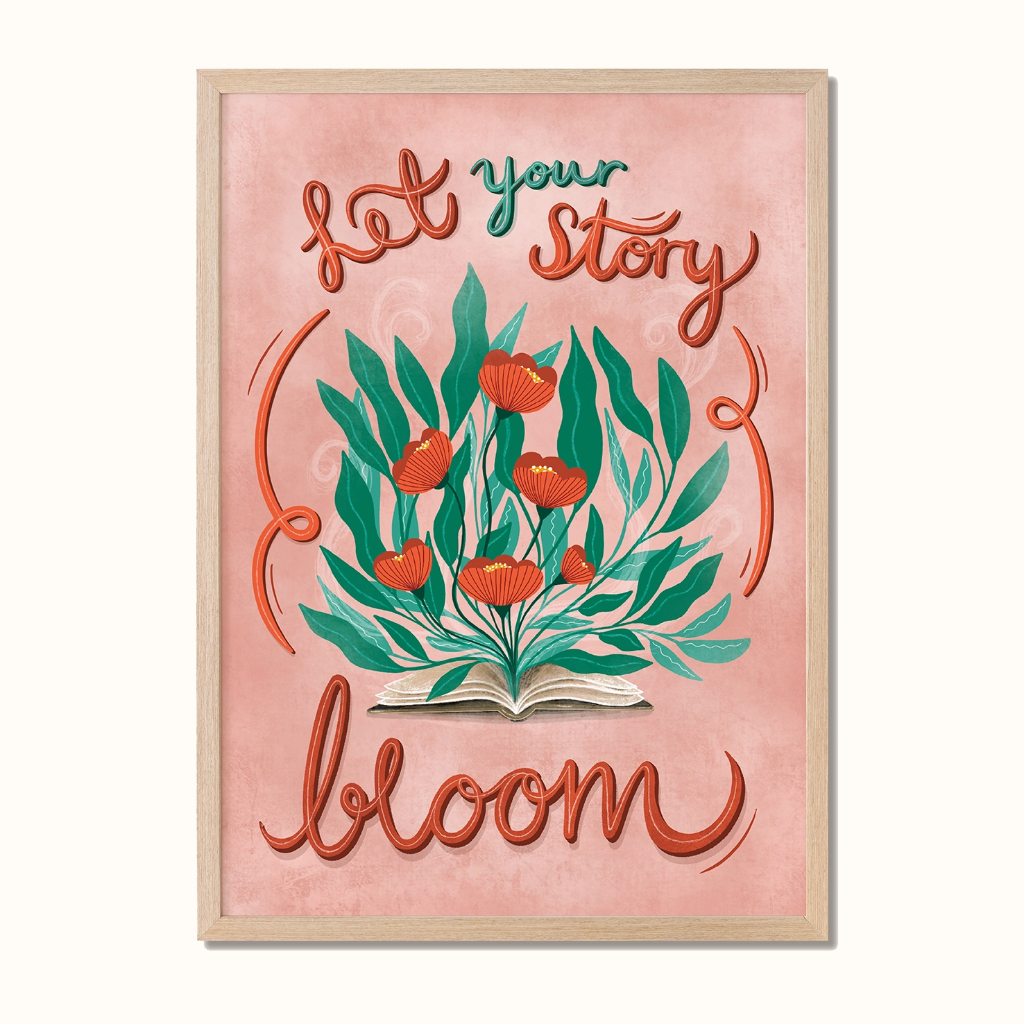 Plakat med en bok og blomster og teksten 'Let your story bloom', designet av Poppydesign